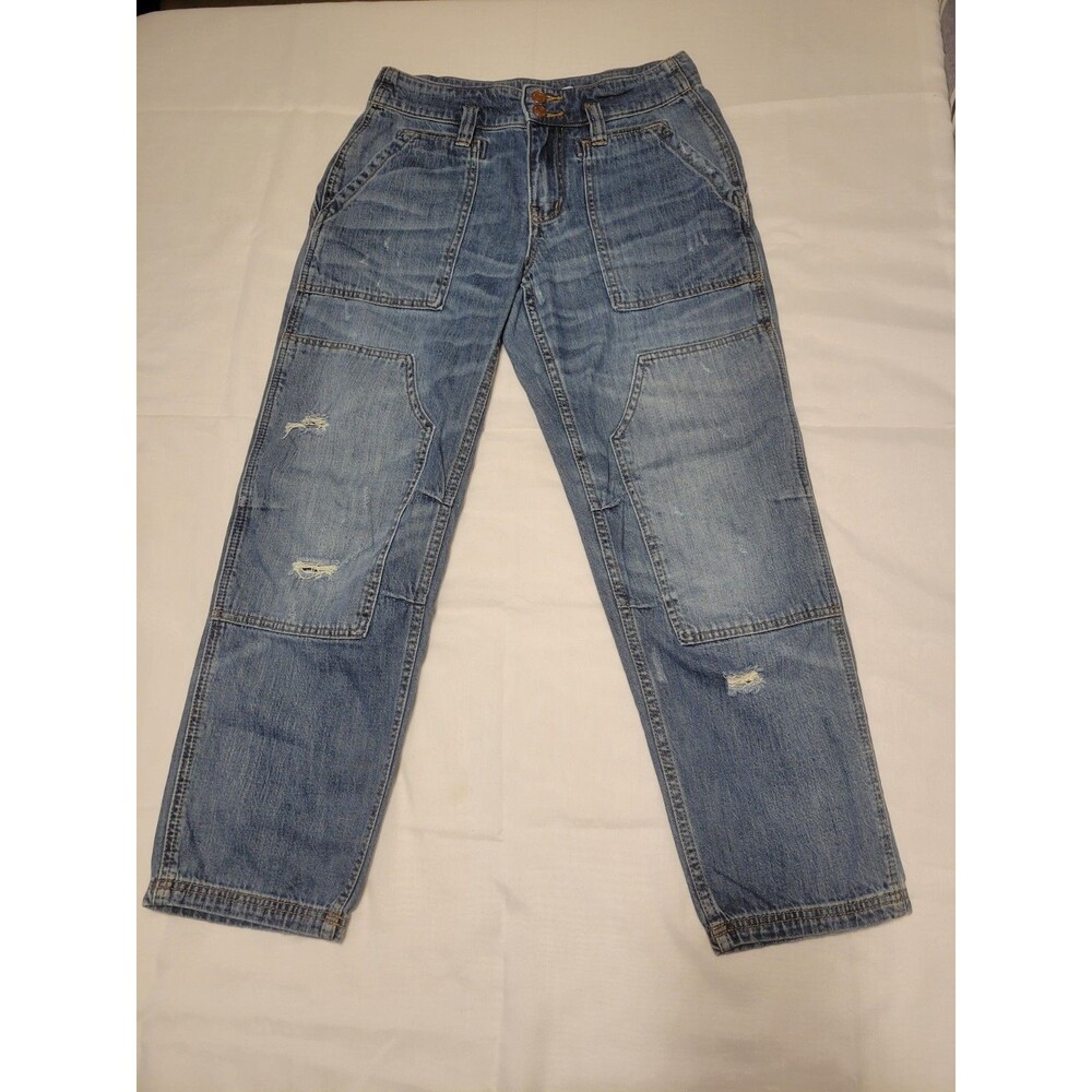 Pilcro Women's Straight Jeans 26P High Rise Medium Wash Distressed Stretch Denim